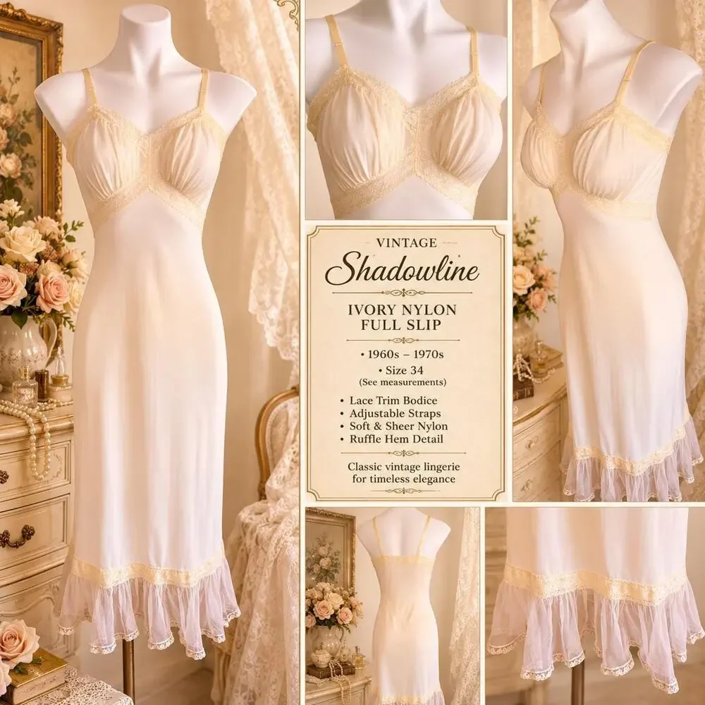 Vintage 1950’s Shadowline Ivory Nylon Full Slip Lace Bodice Ruffle Hem Sz 32